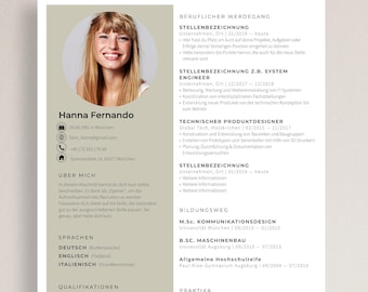 May include: A resume template with a professional headshot of a woman. The resume includes a section for work experience, education, skills, and interests. The text is in German.