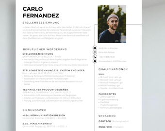 Modelo de candidatura moderno em alemão, em Word e Pages, currículo tabular (A4), carta de apresentação, anexos, capa.