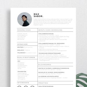 Plantilla de solicitud moderna en alemán en Word y Pages, CV tabular, carta de solicitud, archivos adjuntos, portada