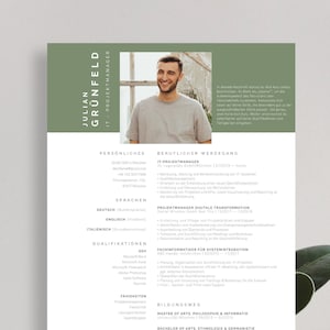 May include: A resume with the name Julian Grünfeld and the title IT-Projektmanager in a green and white design. The resume includes sections for personal information, work experience, languages, qualifications, skills, education, and interests.