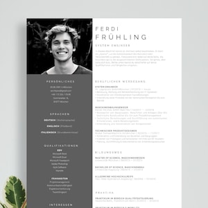 Plantilla de solicitud creativa en alemán, con CV tabular, carta de motivación, portada y archivos adjuntos para Word y Pages