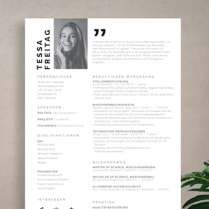 Könnte beinhalten: Ein schwarz-weißer Lebenslauf mit einem Kopfbild einer lächelnden Frau. Der Lebenslauf enthält persönliche Informationen, Berufserfahrung, Ausbildung, Fähigkeiten und Interessen. Der Text im Lebenslauf enthält die Wörter "Tessa Freitag" und "77".