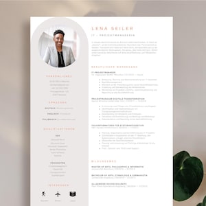 Plantilla de solicitud creativa en alemán, con CV tabular, carta de motivación, portada y archivos adjuntos para Word y Pages