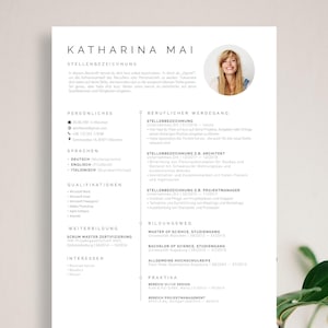 Könnte beinhalten: Ein schwarz-weißer Lebenslauf mit dem Namen Katharina Mai oben. Der Lebenslauf listet persönliche Informationen, Berufserfahrung, Ausbildung und Fähigkeiten auf. Ein Kopfbild von Katharina Mai befindet sich in der oberen rechten Ecke.
