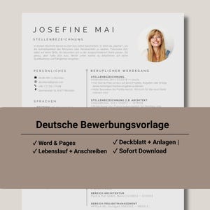 Op de afbeelding: Een cv-sjabloon met de naam Josefine Mai, een ronde portretfoto en secties voor professionele ervaring en persoonlijke gegevens. Een bruine overlay bevat de tekst Deutsche Bewerbungsvorlage, Word & Pages, Deckblatt + Anlagen, Lebenslauf + Anschreiben en Sofort Download.