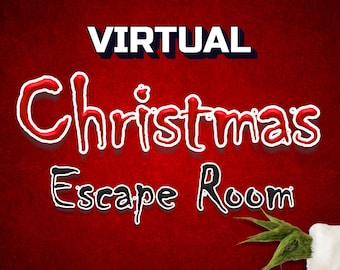 Op de afbeelding: Een rode achtergrond met de woorden "VIRTUAL Christmas Escape Room" in een feestelijk lettertype. Een Grinch-achtige hand in een kerstmanpak houdt een rode kerstbal en groene tak vast.