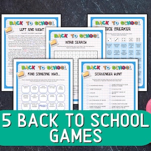 May include: A set of five printable Back to School activity sheets featuring games like Left and Right, Word Search, Ice Breaker, Find Someone Who, and Scavenger Hunt. Each white paper sheet has a blue border, grid background, and colorful text.