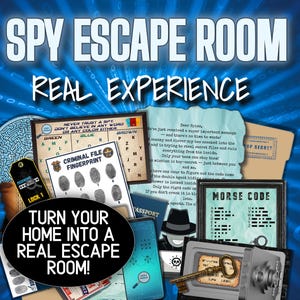 May include: A promotional image for a spy-themed escape room experience. The image features various props like a fingerprint file, a passport, a safe, and a Morse code chart. Text includes "SPY ESCAPE ROOM" and "TURN YOUR HOME INTO A REAL ESCAPE ROOM!"