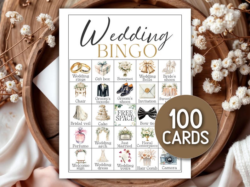 May include: A wedding bingo game card with illustrations of wedding-related items like rings, a cake, and a tuxedo. The card reads "Wedding BINGO" and includes a circular label that says "100 CARDS".