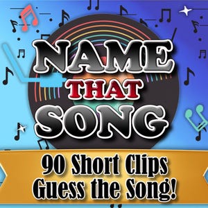 Op de afbeelding: Een blauwe en paarse achtergrond met een zwarte vinylplaat in het midden. De plaat heeft een regenboogontwerp en de tekst "NAME THAT SONG" in witte letters. Onder de plaat is een gouden banner met de tekst "90 Short Clips Guess the Song!" in zwarte letters.