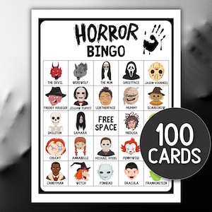 Halloween Bingo Cards 100, Adults Bingo Scary Cards Game Halloween Bingo 100 Horror Movie Bingo Card for Large Group Horror Character Creepy