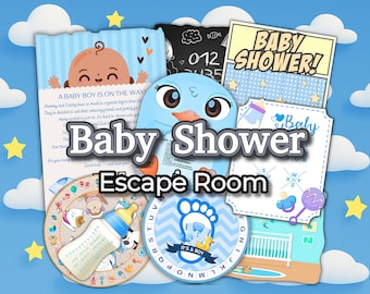 May include: A collection of baby shower-themed graphics and cards, featuring a blue and white color scheme. The design includes text that reads "Baby Shower Escape Room" and "It's a Boy". The background is a sky with clouds and stars.