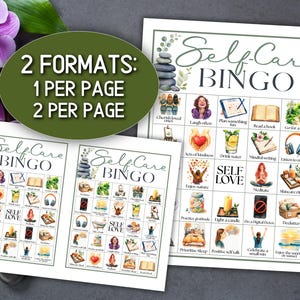 Puede incluir: Se muestran dos hojas de juego de "Self-Care Bingo", una grande y otra m&aacute;s peque&ntilde;a. La hoja m&aacute;s grande tiene una cuadr&iacute;cula de actividades de autocuidado con ilustraciones de acuarela. El texto "2 FORMATOS: 1 POR P&Aacute;GINA, 2 POR P&Aacute;GINA" est&aacute; en un &oacute;valo verde.