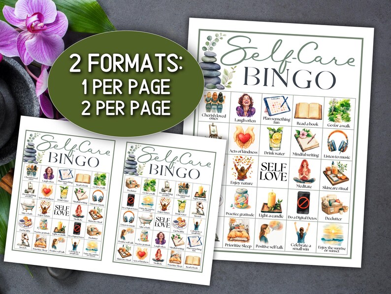Puede incluir: Se muestran dos hojas de juego de "Self-Care Bingo", una grande y otra m&aacute;s peque&ntilde;a. La hoja m&aacute;s grande tiene una cuadr&iacute;cula de actividades de autocuidado con ilustraciones de acuarela. El texto "2 FORMATOS: 1 POR P&Aacute;GINA, 2 POR P&Aacute;GINA" est&aacute; en un &oacute;valo verde.