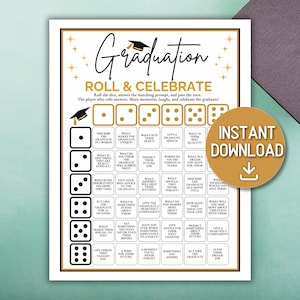 以下が含まれることがあります： 「Graduation Roll & Celebrate」というタイトルの、印刷可能な卒業パーティーゲーム。ゲームには、プレイヤーが思い出を共有し、卒業生を祝うためのサイコロのプロンプトと指示が含まれています。「インスタントダウンロード」グラフィックが含まれています。
