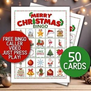 May include: A Merry Christmas Bingo game sheet featuring a grid of holiday icons including a snow globe, star, Santa hat, fireplace, truck, candy cane, stocking, Christmas tree, poinsettia, ornament, snowflake, Santa, reindeer, sweater, bells, and gingerbread man.