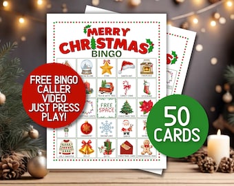 May include: A Merry Christmas Bingo game sheet featuring a grid of holiday icons including a snow globe, star, Santa hat, fireplace, truck, candy cane, stocking, Christmas tree, poinsettia, ornament, snowflake, Santa, reindeer, sweater, bells, and gingerbread man.