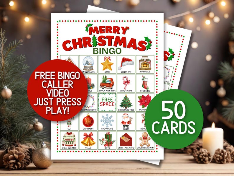 May include: A Merry Christmas Bingo game sheet featuring a grid of holiday icons including a snow globe, star, Santa hat, fireplace, truck, candy cane, stocking, Christmas tree, poinsettia, ornament, snowflake, Santa, reindeer, sweater, bells, and gingerbread man.