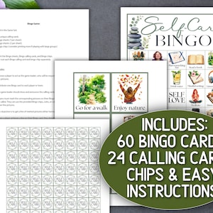 Puede incluir: Un juego de bingo de autocuidado con 60 cartones, 24 tarjetas de llamada, fichas e instrucciones. El juego incluye tarjetas con ilustraciones y texto como "Go for a walk" y "Enjoy nature". Las tarjetas de bingo tienen un dise&ntilde;o verde y blanco.