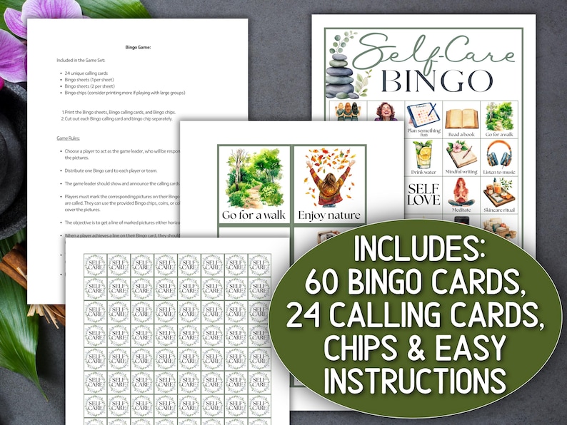 Puede incluir: Un juego de bingo de autocuidado con 60 cartones, 24 tarjetas de llamada, fichas e instrucciones. El juego incluye tarjetas con ilustraciones y texto como "Go for a walk" y "Enjoy nature". Las tarjetas de bingo tienen un dise&ntilde;o verde y blanco.
