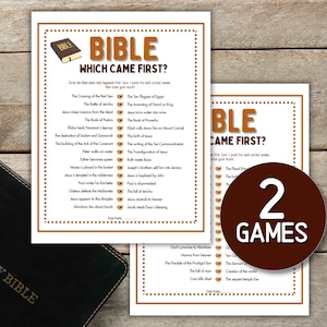 May include: Two Bible-themed game sheets with the title "BIBLE WHICH CAME FIRST?" are displayed, along with a brown circle that says "2 GAMES". A black Holy Bible is visible on the left. The games are printed on white paper.
