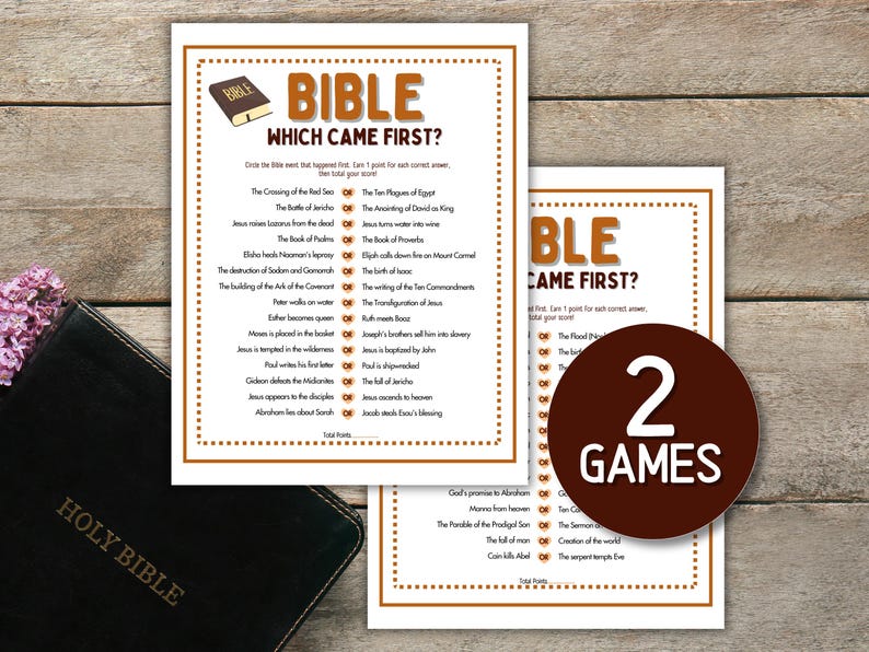 May include: Two Bible-themed game sheets with the title "BIBLE WHICH CAME FIRST?" are displayed, along with a brown circle that says "2 GAMES". A black Holy Bible is visible on the left. The games are printed on white paper.