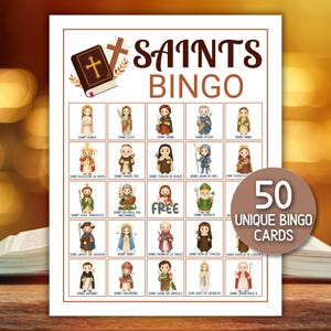 Puede incluir: Una tarjeta de juego de Bingo de Santos con ilustraciones de varios santos. La tarjeta presenta el texto "SAINTS BINGO" en la parte superior, con un gráfico de una biblia y una cruz. Un gráfico circular indica "50 TARJETAS DE BINGO ÚNICAS".