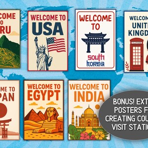 May include: A collection of travel-themed posters with the words "Welcome To" followed by the names of various countries. Each poster features iconic imagery, including the Statue of Liberty, a llama, and a Japanese Torii gate. The image also includes a bonus message.