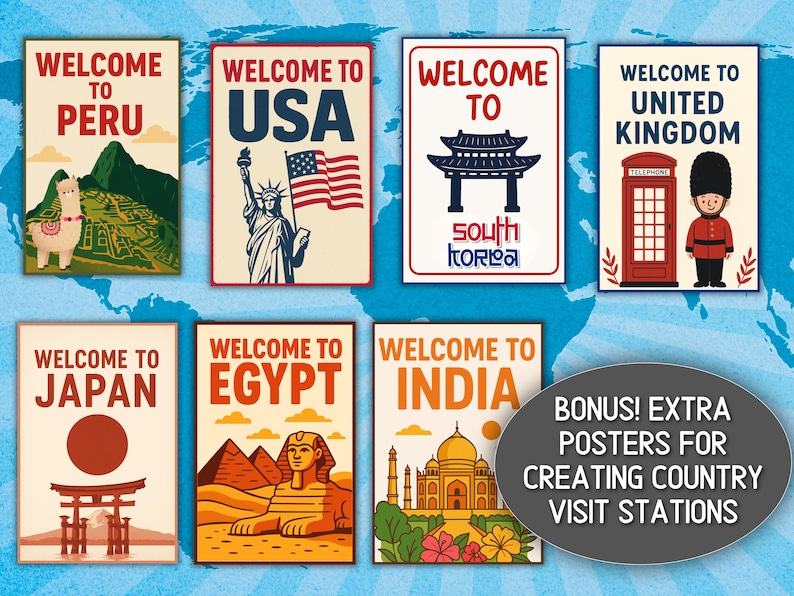 May include: A collection of travel-themed posters with the words "Welcome To" followed by the names of various countries. Each poster features iconic imagery, including the Statue of Liberty, a llama, and a Japanese Torii gate. The image also includes a bonus message.