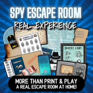May include: An image promoting a spy-themed escape room game. The design includes props such as a passport, fingerprint evidence, a safe, and a Morse code chart. Text includes "SPY ESCAPE ROOM" and "A REAL ESCAPE ROOM AT HOME!"
