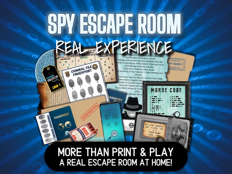 May include: An advertisement for a Spy Escape Room experience. The image features various props like a fingerprint file, passport, Morse code, and a safe. Text includes "Spy Escape Room" and "More Than Print & Play A Real Escape Room At Home!"
