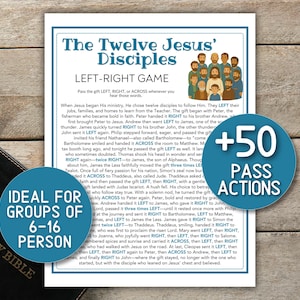 Op de afbeelding: Een spelblad getiteld "The Twelve Jesus' Disciples LEFT-RIGHT GAME" met tekst en illustraties. Bevat een blauwe cirkel met "+50 PASS ACTIONS" en een andere met "IDEAL FOR GROUPS OF 6-16 PERSON". Een Heilige Bijbel staat op de achtergrond.