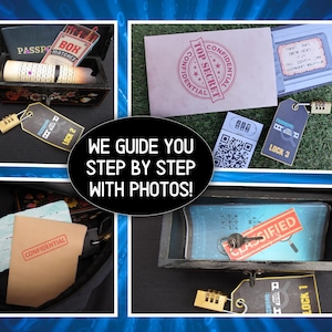 May include: An assortment of items related to an escape room game, including a locked box, tags with combination locks, envelopes with stamps, and a key. The text "WE GUIDE YOU STEP BY STEP WITH PHOTOS!" is also visible.