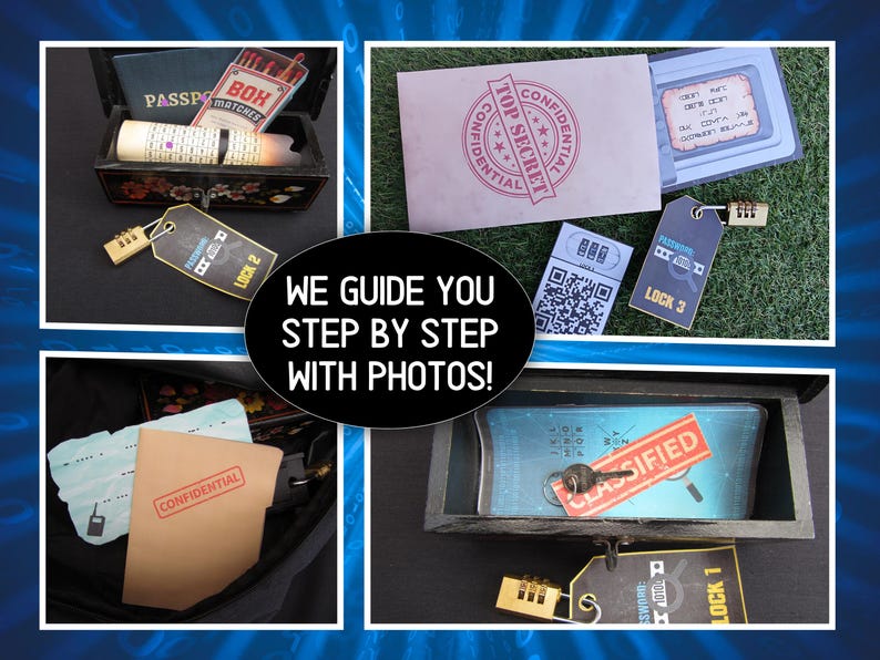 May include: An assortment of items related to an escape room game, including a locked box, tags with combination locks, envelopes with stamps, and a key. The text "WE GUIDE YOU STEP BY STEP WITH PHOTOS!" is also visible.
