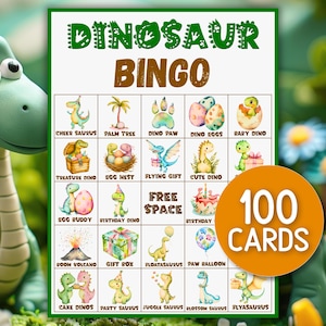 Gioco del Bingo dei Dinosauri: 100 carte stampabili, attività per feste per bambini (download PDF)