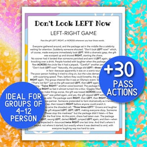 Op de afbeelding: Een bedrukt spelvel met de titel "Don't Look LEFT Now" met instructies voor een Links-Rechts spel. Bevat twee blauwe cirkels met witte tekst: "+30 PASS ACTIONS" en "IDEAL FOR GROUPS OF 4-12 PERSON".