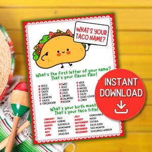 以下が含まれることがあります： 「あなたのタコの名前は？」と書かれた看板を持った、漫画のタコが描かれた印刷可能なゲームカード。カードには、文字と対応するタコのフレーバー、そして月と対応するタコのタイトルのリストが掲載されています。カードには、「即時ダウンロード」というテキストとダウンロードアイコンも含まれています。