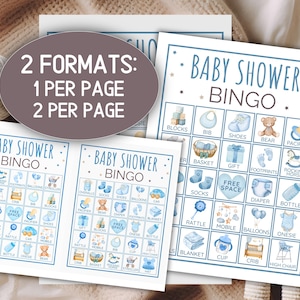 May include: Baby shower bingo cards in two formats: one per page and two per page. The cards feature a blue and white design with illustrations of baby-related items like blocks, shoes, and a teddy bear. The text "Baby Shower Bingo" is at the top.