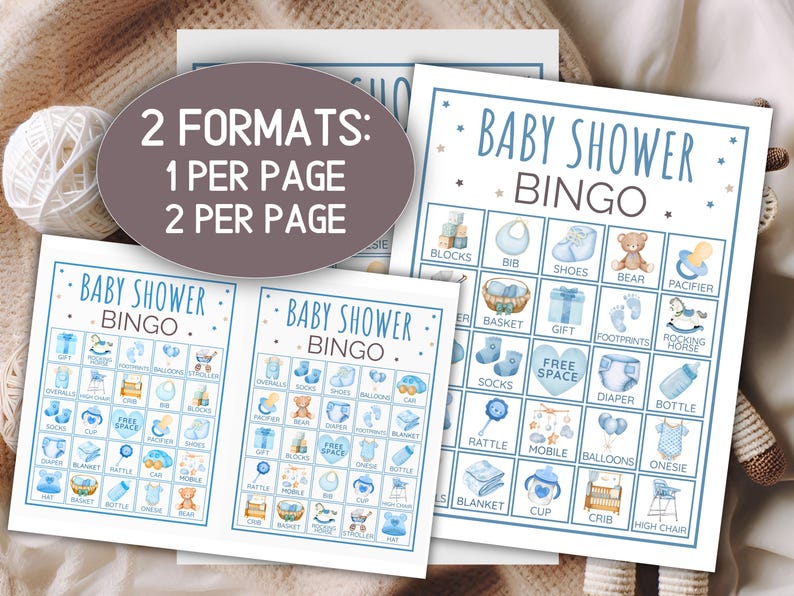 May include: Baby shower bingo cards in two formats: one per page and two per page. The cards feature a blue and white design with illustrations of baby-related items like blocks, shoes, and a teddy bear. The text "Baby Shower Bingo" is at the top.