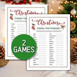 May include: Two Christmas-themed game sheets with red and green borders. The text "Christmas" is in a decorative font. The games are titled "Finish the Phrase" and include fill-in-the-blank prompts. A green circle reads "2 GAMES".