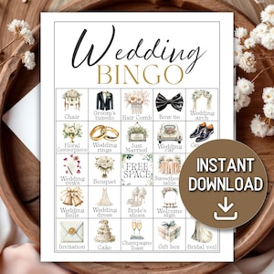 May include: A wedding bingo game card with illustrations of wedding-related items like rings, a tuxedo, and a wedding cake. The words "Wedding Bingo" are at the top, with "Instant Download" on a circular graphic.