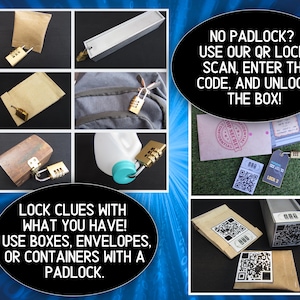 May include: A collage of images showcasing combination padlocks, QR codes, and containers like envelopes and boxes. The text encourages using these items to lock clues, with a QR code option for unlocking. The overall theme is a puzzle or escape room concept.