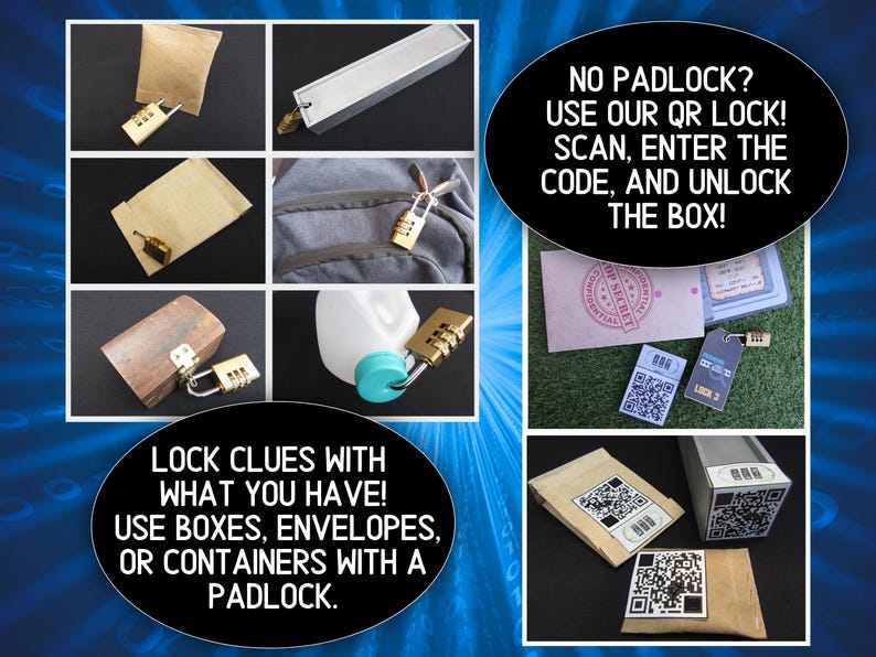 May include: A collage of images showcasing combination padlocks, QR codes, and containers like envelopes and boxes. The text encourages using these items to lock clues, with a QR code option for unlocking. The overall theme is a puzzle or escape room concept.