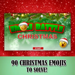 May include: A festive graphic for "Emoji Battle Christmas" with a red and green color scheme. The image features a smiling emoji wearing a Santa hat, Christmas decorations, and the text "90 Christmas Emojis to Solve!"