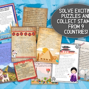 May include: A collection of illustrated cards featuring landmarks from around the world, including the Statue of Liberty, Taj Mahal, and the Eiffel Tower. The cards are accompanied by text that reads "Solve Exciting Puzzles and Collect Stamps from 9 Countries!"