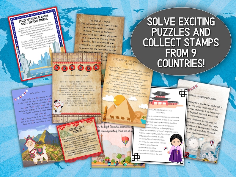 May include: A collection of illustrated cards featuring landmarks from around the world, including the Statue of Liberty, Taj Mahal, and the Eiffel Tower. The cards are accompanied by text that reads "Solve Exciting Puzzles and Collect Stamps from 9 Countries!"