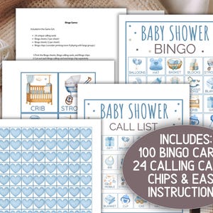 May include: Baby shower bingo game set with blue and white designs. Includes 100 bingo cards, 24 calling cards, chips, and instructions. The game features illustrations of baby-related items like a crib, stroller, and balloons.