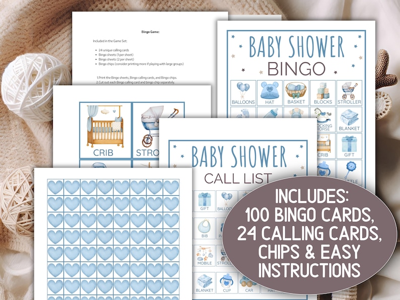 May include: Baby shower bingo game set with blue and white designs. Includes 100 bingo cards, 24 calling cards, chips, and instructions. The game features illustrations of baby-related items like a crib, stroller, and balloons.