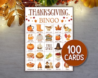 May include: Thanksgiving Bingo game card with colorful illustrations of fall-themed items like pumpkins, cornucopias, and maple leaves. The card includes the text "Thanksgiving Bingo" and "100 Cards" on a circular label.