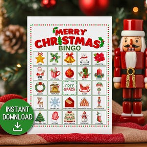 May include: A Merry Christmas Bingo game card featuring a grid of holiday icons including a star, holly, bells, polar bear, poinsettia, Santa, hot cocoa, ornament, gifts, candle, wreath, fireplace, sleigh, elf, reindeer, snowflake, card, and snowman.